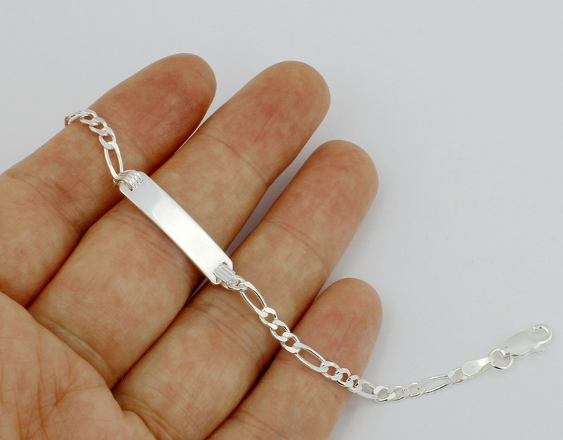Women 925 Sterling Silver Engrave Bar Figaro Chain Bracelet 6-7" Made in Italy gallery