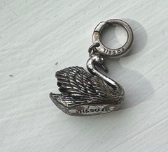 Fossil Swan Charm for Bracelet Signed Silver Tone Signed Bird 1.25″
