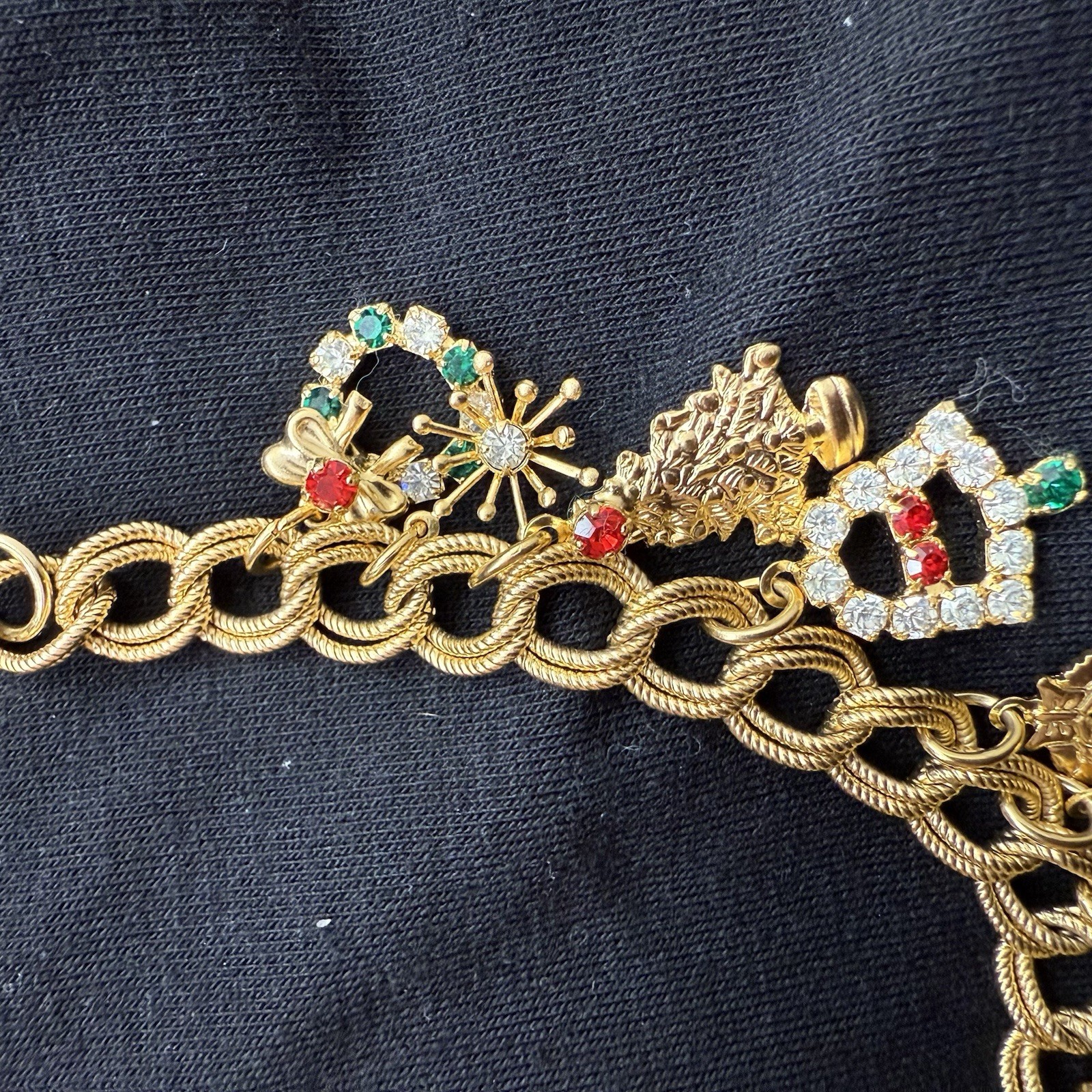 Christmas Charm Bracelet 15 Charms Rhinestones Gold Tone Tree Angel Bell gallery