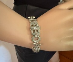 Art Deco Style Beaded Bracelet 7.5in Silver Tone Black Beads