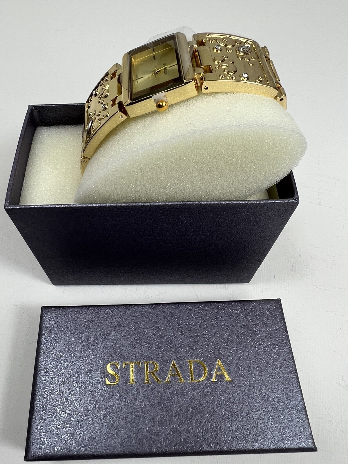 STRADA Gold Tone Sculpted Metal Crystal Adornments Rectangle Bracelet Watch NWT gallery