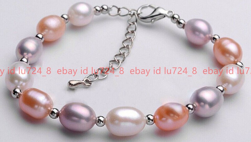 Natural 7-8/8-9/9-10mm White Pink Freshwater Cultured Pearl Beads Bracelet 7.5" gallery