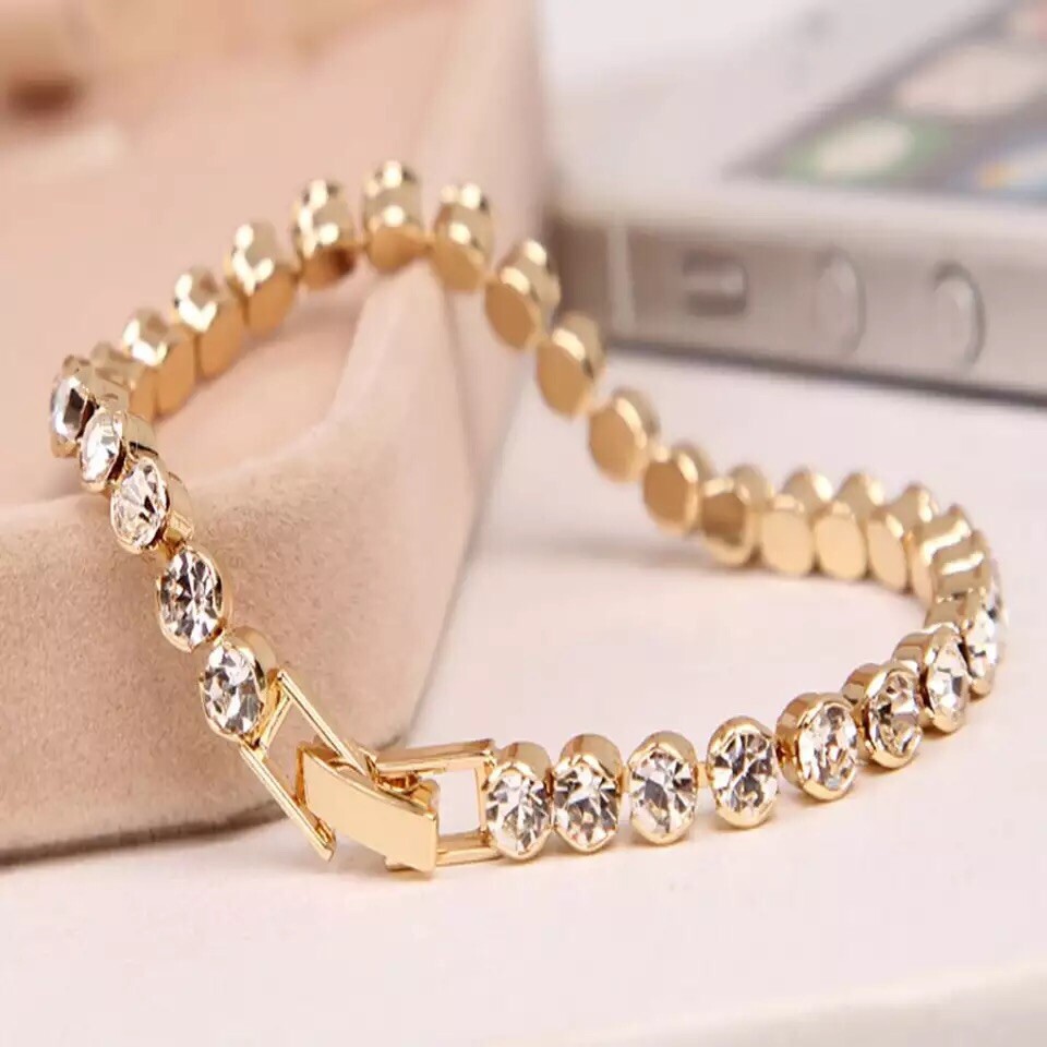 Beautiful Gold Plated Tennis Bracelet Made With Swarovski Crystals Gift 16.5cms gallery