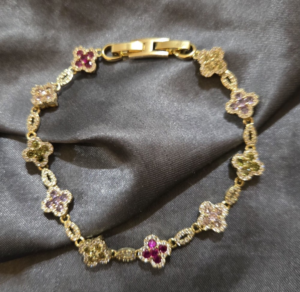 18K Gold Plated Multi-Color Crystal Link Bracelet w/Box Clasp