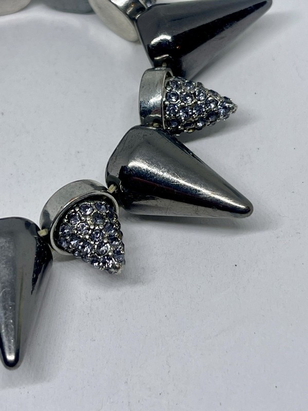 Pave Crystal Silver Toned Bracelet Alternating Spike Elastic Stretch Punk Biker gallery