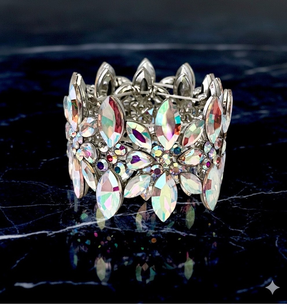 1.75. Wide Aurora Borealis Crystals Silver Tone Stretchable Bracelet Drag Queen gallery