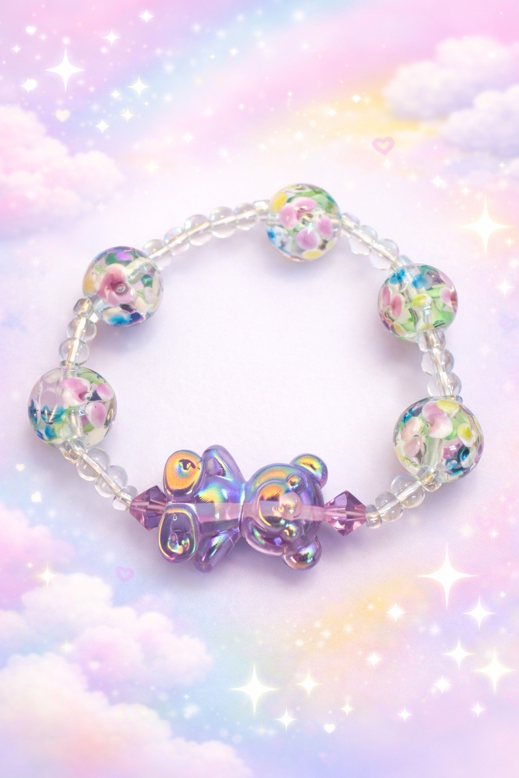 Kids 5.5” Iridescent Teddy Bear Floral Glass Bead Stretch Bracelet Handmade gallery