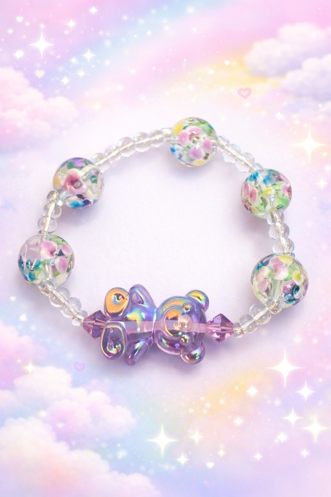Kids 5.5” Iridescent Teddy Bear Floral Glass Bead Stretch Bracelet Handmade
