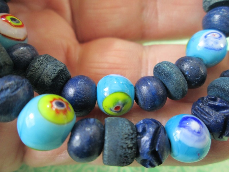 Handmade Wood & Glass Bead Memory Wire Wrap Bracelet / Light & Dark Blues gallery