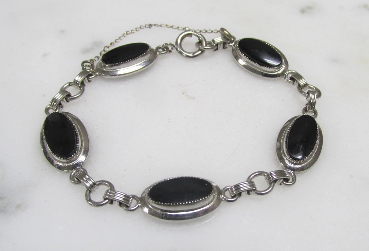 12K White Gold Filled Black Onyx Link Bracelet ~ 7-1/4" ~ 12.4grams ~ 13-G958 gallery