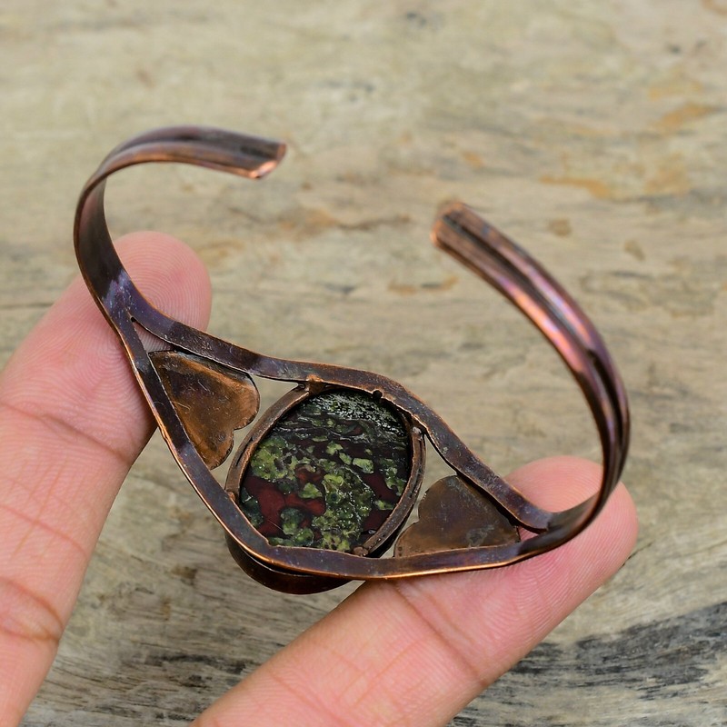 Copper Oval Natural Dragon Bloodstone Electroformed Heart Bezel Bangle Bracelet gallery