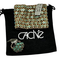 NWT CACHE Stretch Bracelet and Ring Set Brass Turquoise Boho Ethnic NEW