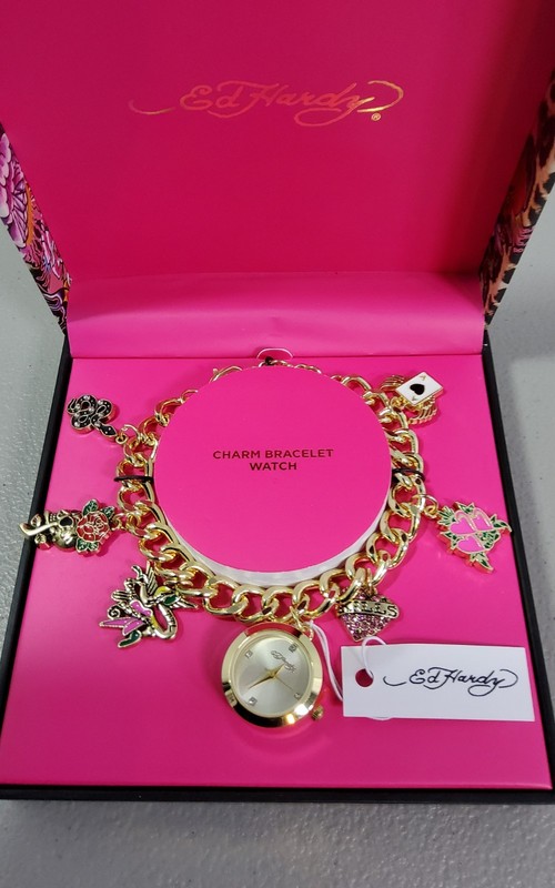 Ed Hardy Womans Tattoo Design Charm Bracelet with Round Watch Gold Tone NIB New gallery