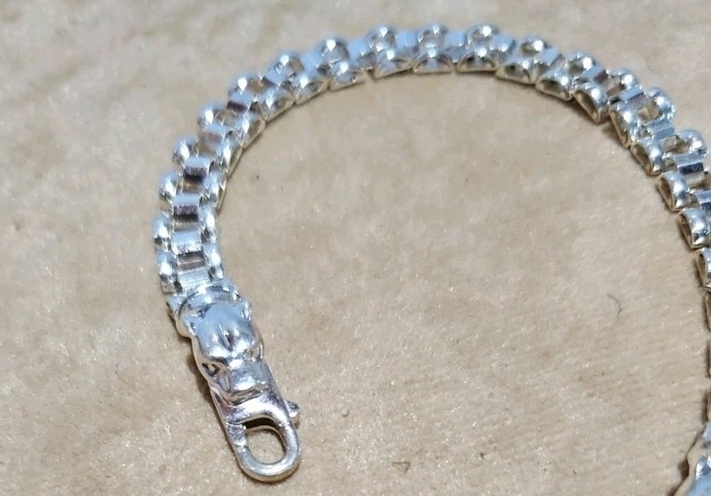 VINTAGE ITALY 925 STERLING SILVER DOUBLE PANTHER HEAD CLASP 7.25" LINK BRACELET gallery
