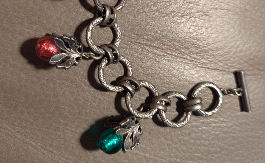 Foiled Multicolor Glass Dangle Charm Bracelet W Leaf Caps marked Made In France gallery