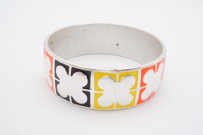 Bangle Bracelet Silver Tone Enamel Yellow Black 7.75" gallery