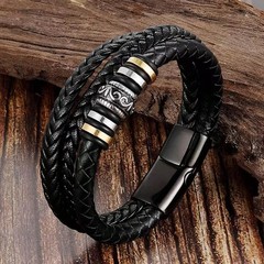 Men’s Multilayer Braided Leather Stainless Steel Magnetic Bracelet Bangle Cuff