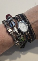 ​Boho Stacked Bracelet & Watch Lot: Charm Bracelet, Stretch Cuff, Wrap Watch