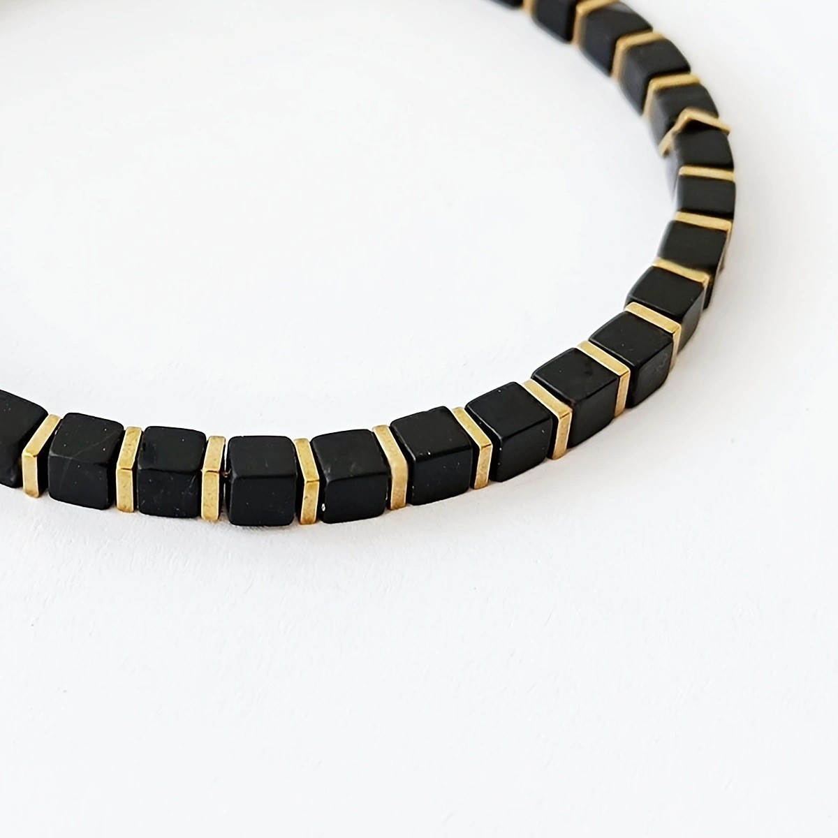 Genuine Black Onyx Bracelet Square Gemstone Beads Mens Womens Jewelry 7.8in gallery