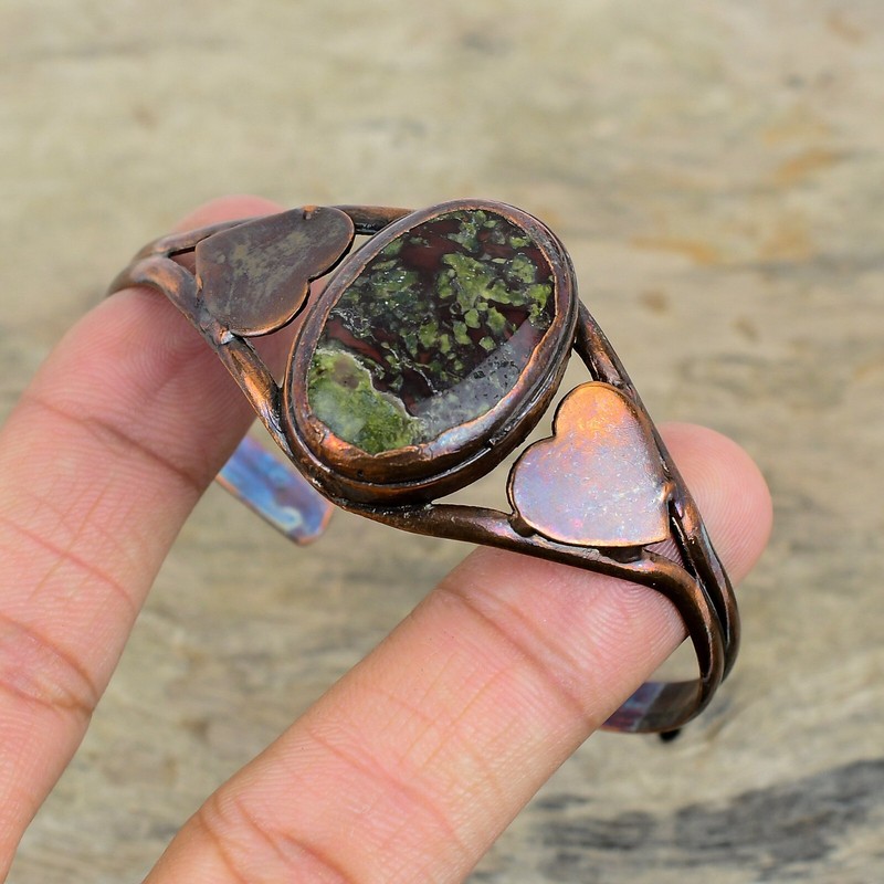 Copper Oval Natural Dragon Bloodstone Electroformed Heart Bezel Bangle Bracelet gallery