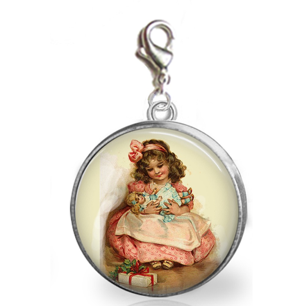 Retro Christmas Girl & Baby Doll Glass Top Clip On Charm Bracelets Purse Charm