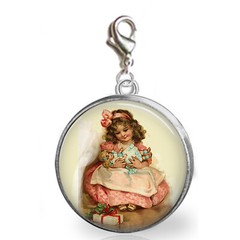 Retro Christmas Girl & Baby Doll Glass Top Clip On Charm Bracelets Purse Charm