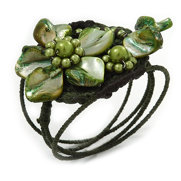 Romantic Shell Bead Flower Wired Flex Bracelet in Olive/ Green - Adjustable gallery
