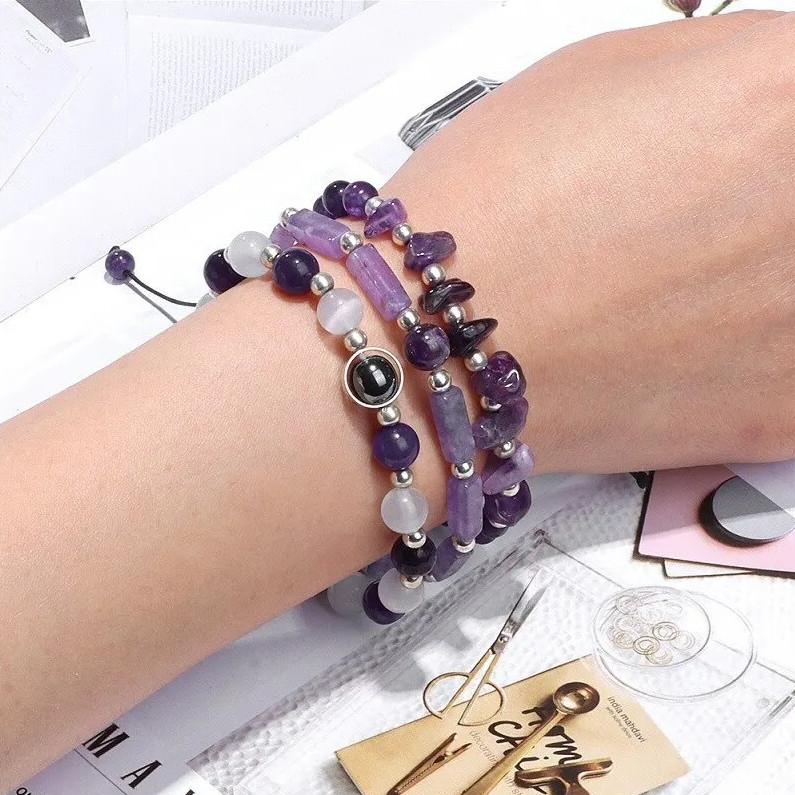 3pcs Amethyst Healing Stone Bracelet Set for Meditation & Energy Balance gallery