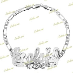 PERSONALIZED SILVER FIGARO/CUBAN/FLAT LINK DOUBLE 3D NAME PLATE BRACELET LD