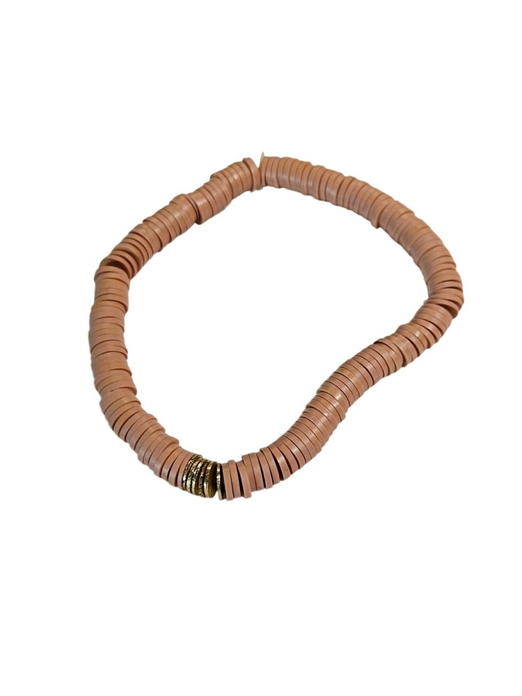 Polymer Clay Heishi Disk Beaded Stretchy Bracelet Goldtone 7 inches Unstretched
