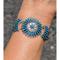 Zuni Cuff Bracelet Native American Signed Petite Needlepoint Turquoise 6.25 **