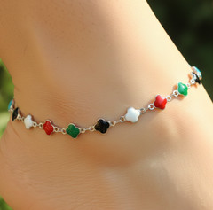 Boho Clover Charm Silver Plated Anklet Modern Multi-Color Ruby Emerald Topaz