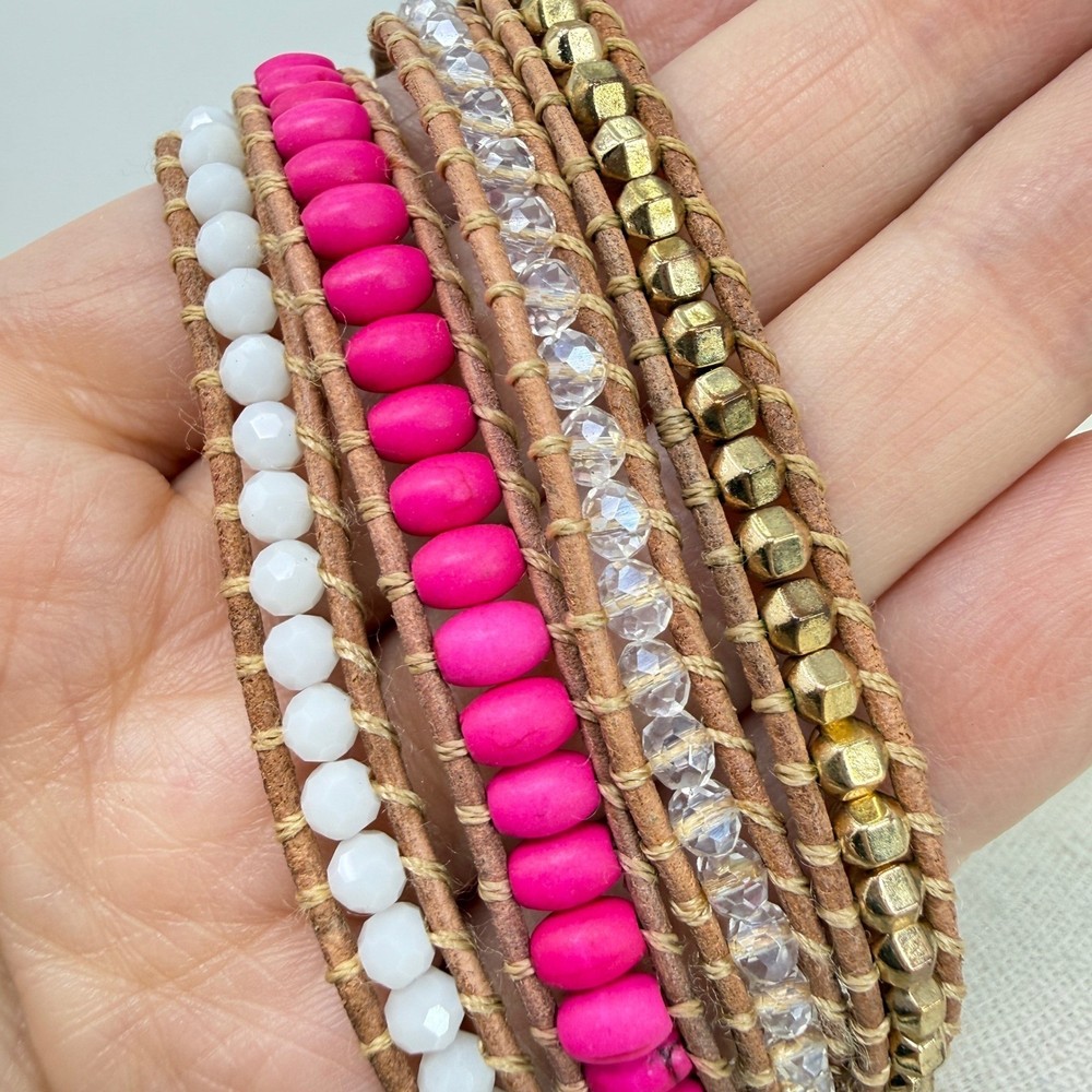 Victoria Emerson Wrap Bracelet Pink White Gold Crystal Leather Spring Colors