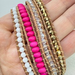 Victoria Emerson Wrap Bracelet Pink White Gold Crystal Leather Spring Colors
