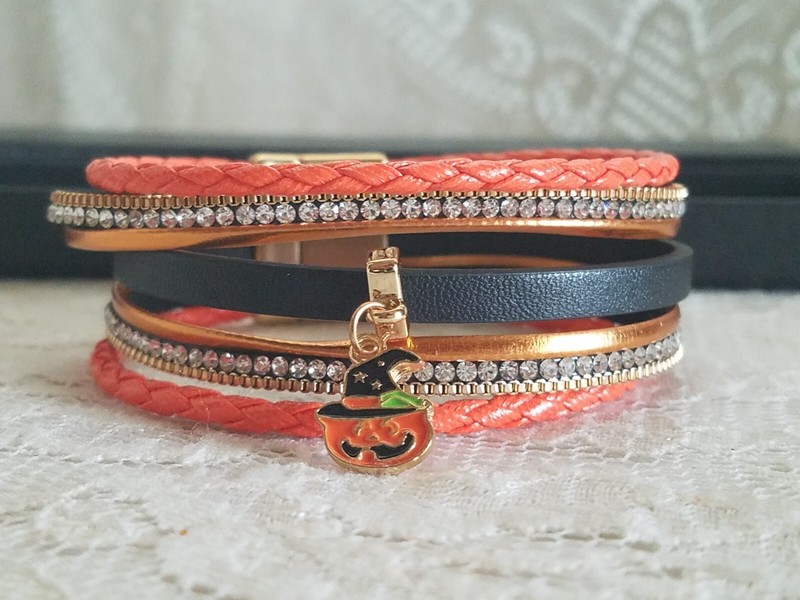 HALLOWEEN ENAMEL PUMPKIN MAGNETIC BRACELET RHINESTONES GOLD TONE LAYEREDED gallery