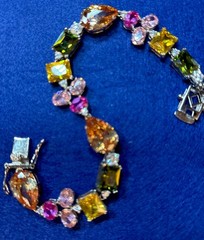 Multi Color Gemstone Rhinestone Bracelet Silver Tone 7 “ UNWORN Stunning Colors