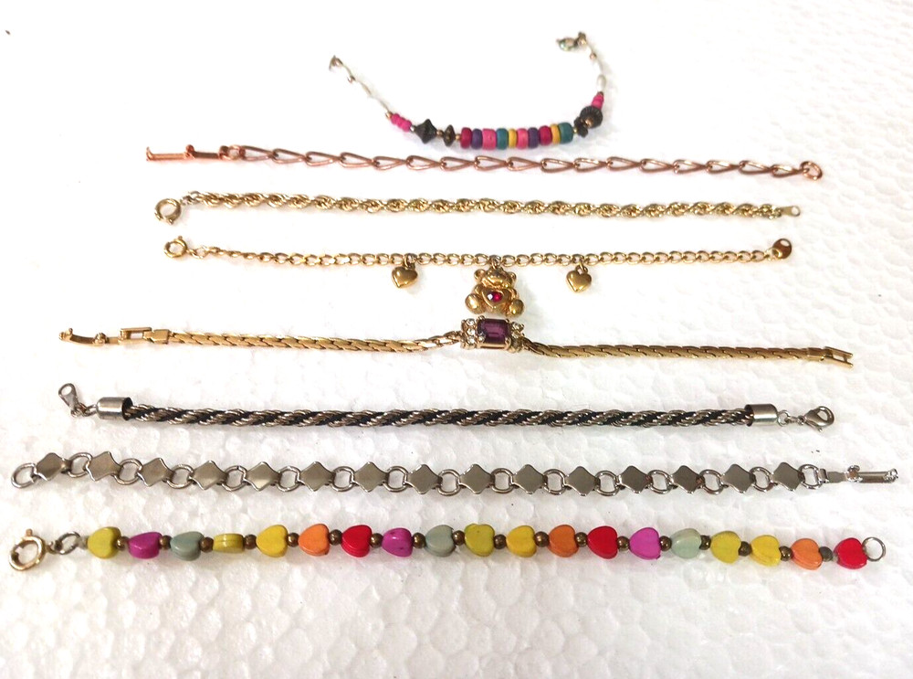 Avon teddy bear bracelet, solid copper chain, purple stone, heart beads. all 8
