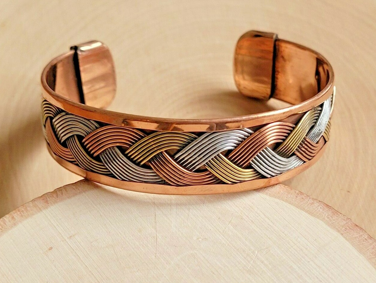 Solid Copper Tricolor Cuffed Health Bracelet - Copper Bracelet Braided gallery