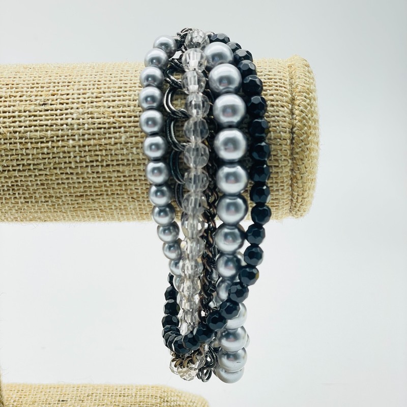 Beaded Bracelet Lot of 2 Black Clear Silver Mixed Styles Layered Look gallery