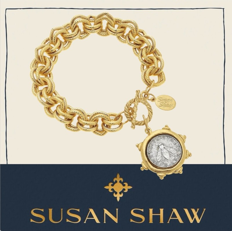 Susan Shaw Jewelry Gold Florence Bee Coin Double Link Chain Bracelet 24k TPG gallery