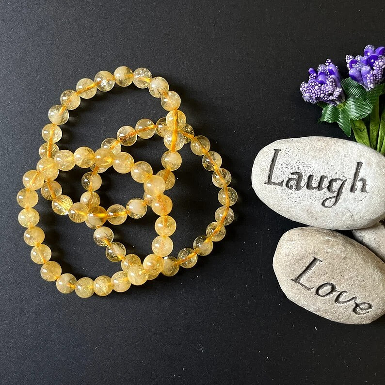 Natural Citrine Elastic Stretch Dainty Bracelet - 6mm Round Gemstone Beads gallery