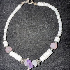 Puka Shell Bracelet With Amethyst Rose Quarts And Metal Bead Accents 7.5in 093