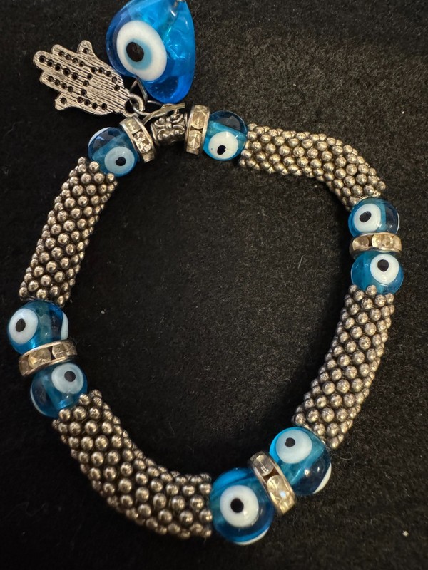 Evil Eye Stretch Elastic Bracelet with Two Attached Pendants gallery
