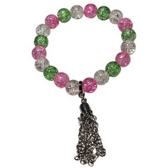 Colorful Crackle Glass Beaded Bracelet Silver Tone Chain Tassel Fashion Jewelry