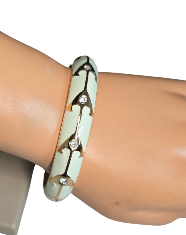 Women's Trendy Gold Plated Green Enamel Crystal Hinged Bangle Bracelet NWOT gallery