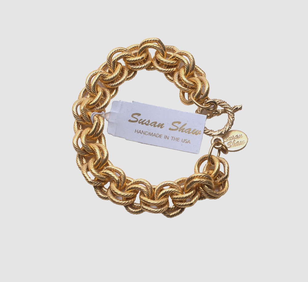 Susan Shaw Double Link Chain Bracelet Toggle Clasp 24K Gold Triple Plated NWT