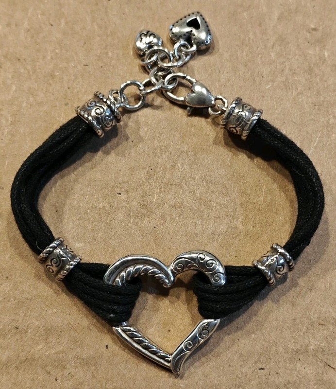 Brighton Heritage Heart Silver & Black Cotton Cord Strands Bracelet Jewelry gallery