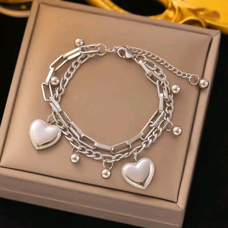 Silver Oval Link Chain Heart Dangle Charm Adjustable Metal Bracelet Lobster Clo… gallery