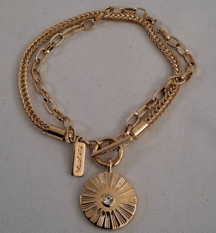 gold tone bracelet 2 chain design curb and oval link round drop charm gallery