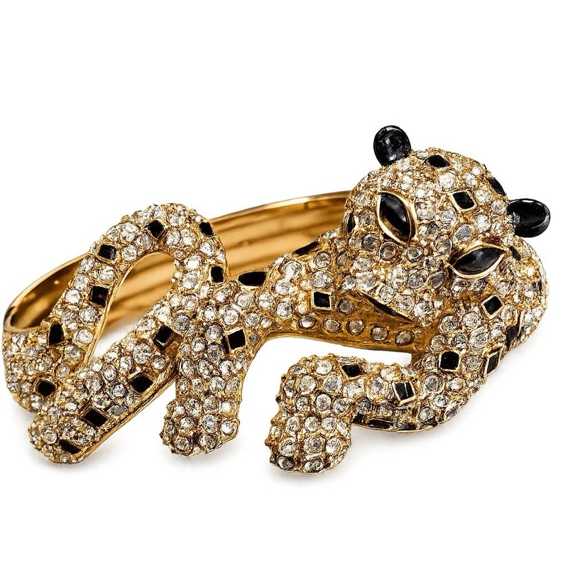 Vintage Leopard Panther Rhinestone Hinged Bangle Bracelet Gold Tone Black Enamel gallery